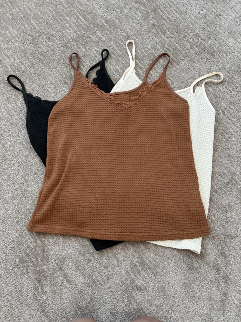 SHEIN Brown, Black & White Crochet-Trim Waffle Cami Tank Tops